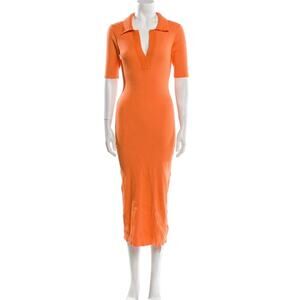 Caroline Constas Women's Knit Maxi Dress Ribbed Collar Short Sleeve Orange - L